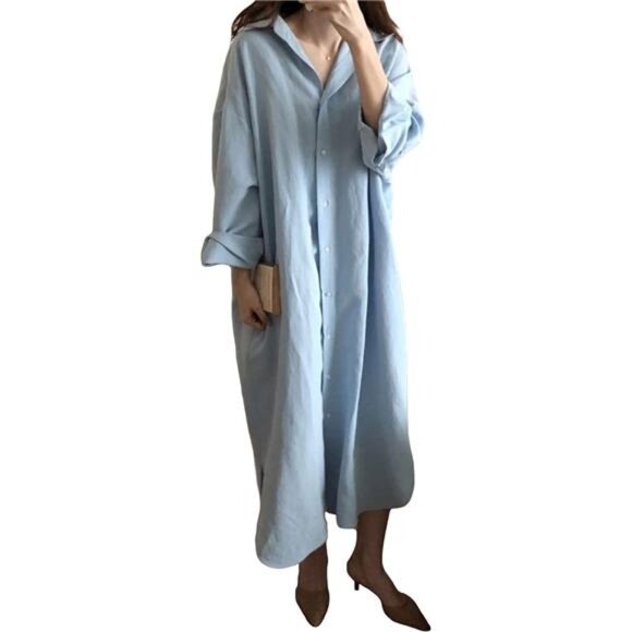 Womens Chic Button Down Rolled-Up Sleeve Long Cotton Blouse Maxi Dress - Picture 2 of 14